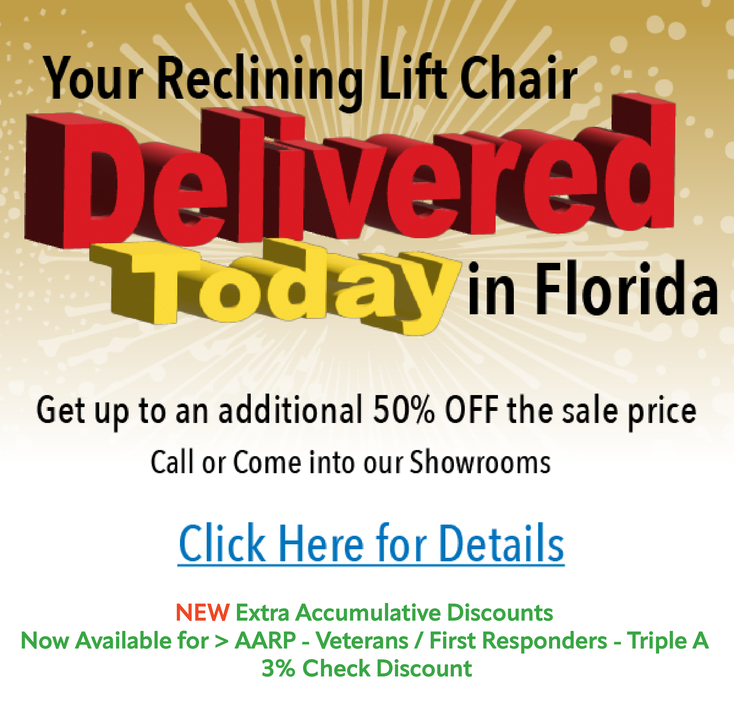 We carry a full selection of Pride & Golden Tech Reclining Lift Chairs in our Tampa showroom ready for same day delivery.